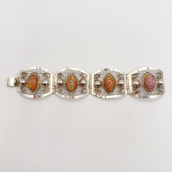 Taxco Sterling Silver Faux Opal Panel Bracelet w Cutouts Scrolls Mexico Vintage - Picture 5 of 13